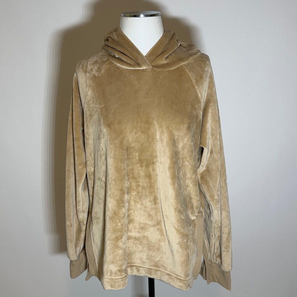 Members Mark Plush Velour Hoodie Sweatshirt Beige Womens Size Small Cozy Core